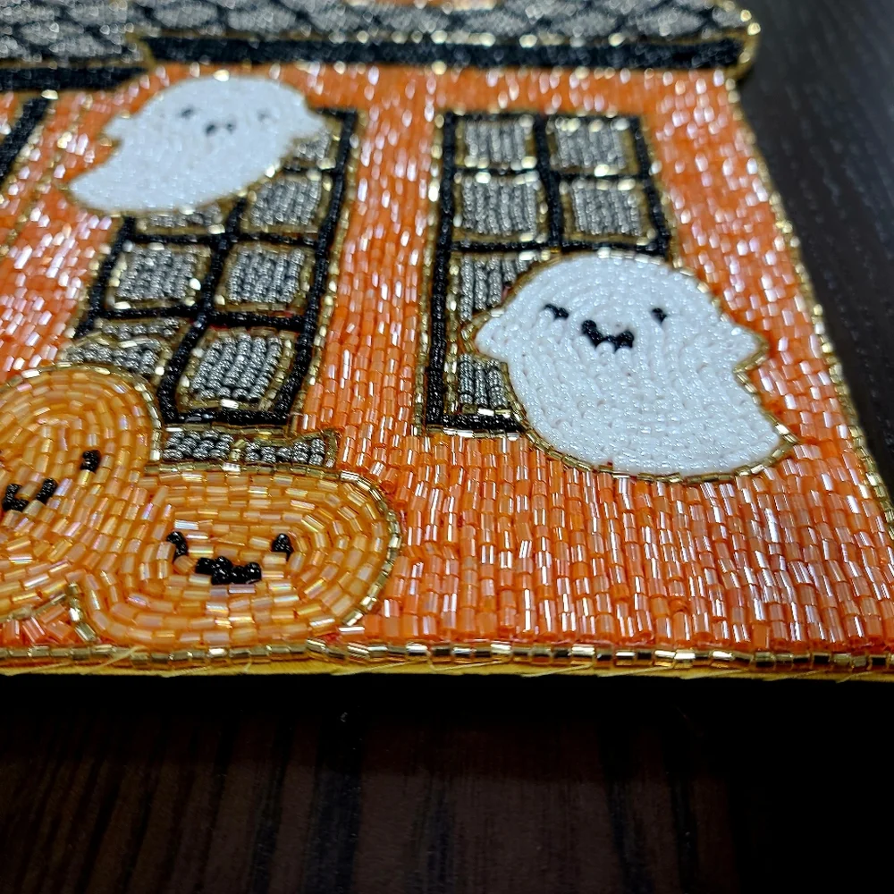x4 Haunted House Halloween Ghost Pumpkin Shimmer Beaded Placemats CHARGERS Set